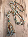 Matte Amazonite Bead Necklace 108 Mala Beads Necklace Hand Knotted Meditation Jewelry Long Silk Tassel Yoga Mala Jewelry