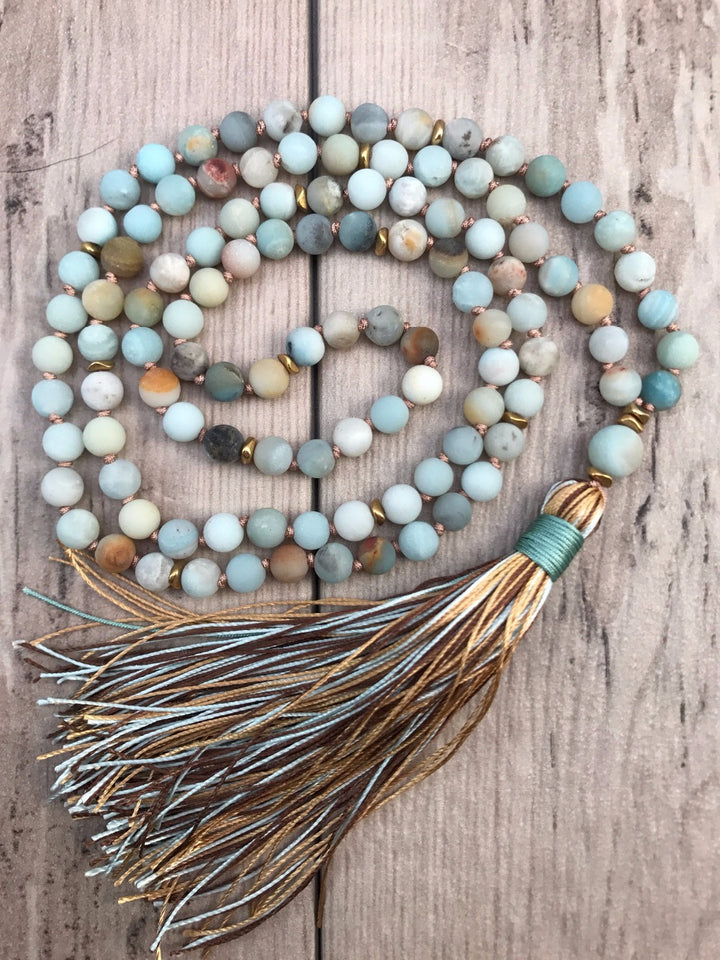 Matte Amazonite Bead Necklace 108 Mala Beads Necklace Hand Knotted Meditation Jewelry Long Silk Tassel Yoga Mala Jewelry