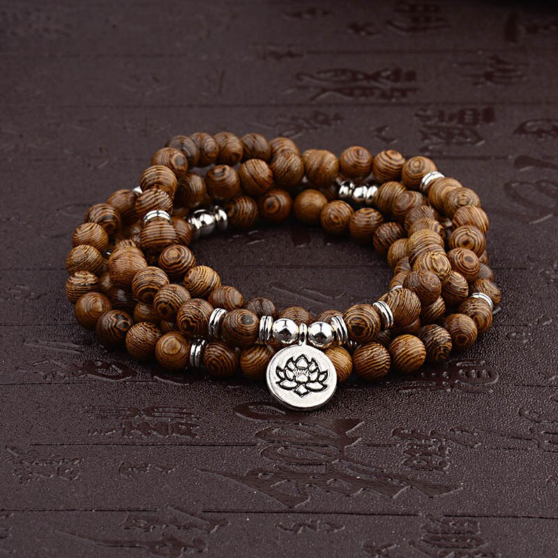 Multilayer 108 Wood Beads OM Lotus Bracelet Tibetan Buddhist Mala Buddha Charm Bracelet Yoga Rosary Wooden For Women Men Jewelry