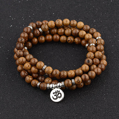 Multilayer 108 Wood Beads OM Lotus Bracelet Tibetan Buddhist Mala Buddha Charm Bracelet Yoga Rosary Wooden For Women Men Jewelry