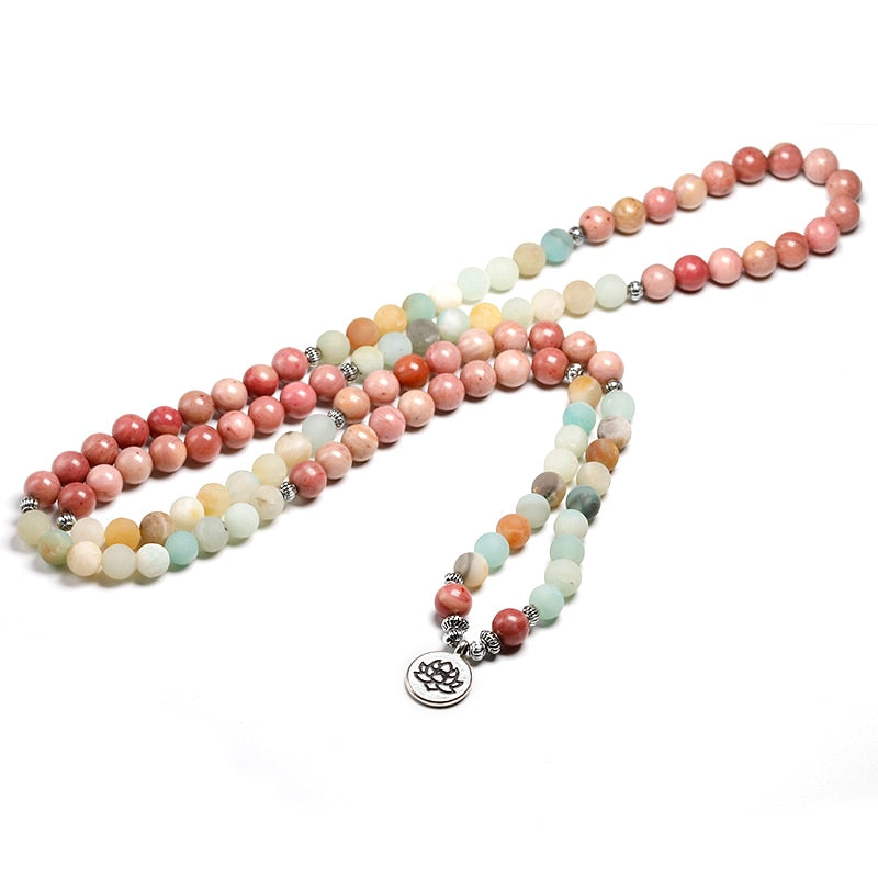 Natural Rhodochrosite With Amazonite stone 8MM Beaded Strand Bracelet Women Yoga Jewelry 108 Mala Beads LoTUS cHARM Bracelets