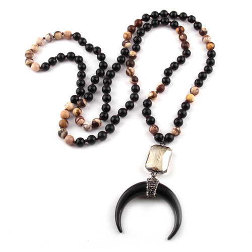 New ! 108 Beads Mala Black Stone Knotted Crystal Link Black crescent Moon Charm Pendant Necklace Women Meditation Yoga Necklace