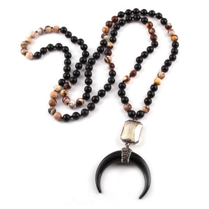 New ! 108 Beads Mala Black Stone Knotted Crystal Link Black crescent Moon Charm Pendant Necklace Women Meditation Yoga Necklace