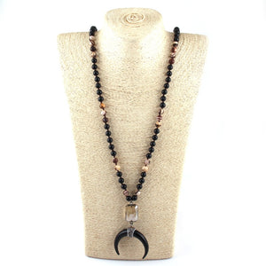 New ! 108 Beads Mala Black Stone Knotted Crystal Link Black crescent Moon Charm Pendant Necklace Women Meditation Yoga Necklace