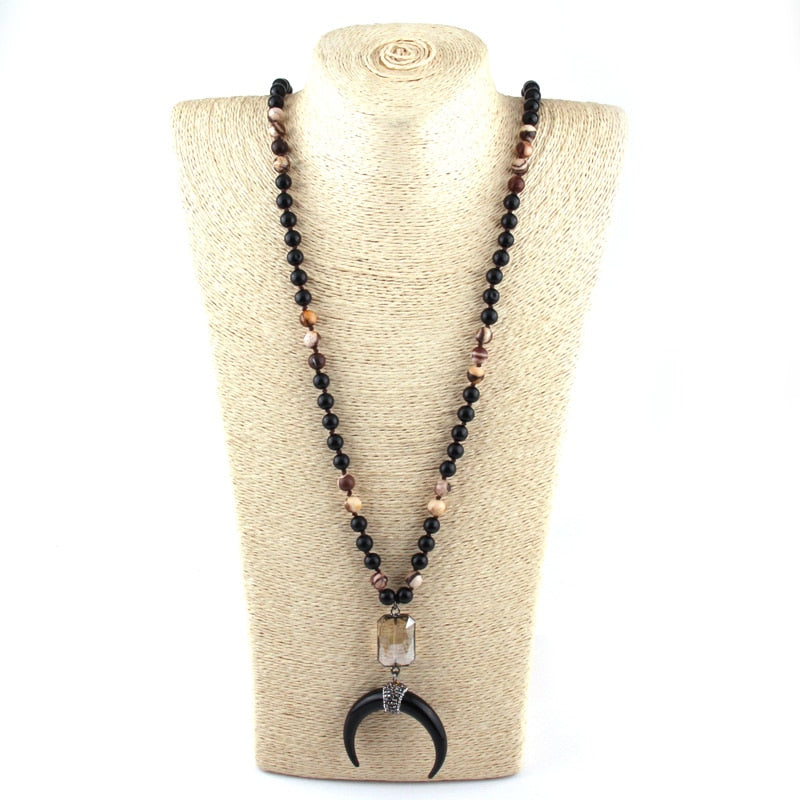New ! 108 Beads Mala Black Stone Knotted Crystal Link Black crescent Moon Charm Pendant Necklace Women Meditation Yoga Necklace