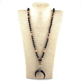 New ! 108 Beads Mala Black Stone Knotted Crystal Link Black crescent Moon Charm Pendant Necklace Women Meditation Yoga Necklace