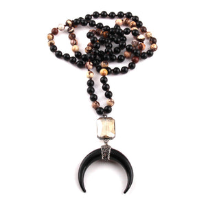 New ! 108 Beads Mala Black Stone Knotted Crystal Link Black crescent Moon Charm Pendant Necklace Women Meditation Yoga Necklace