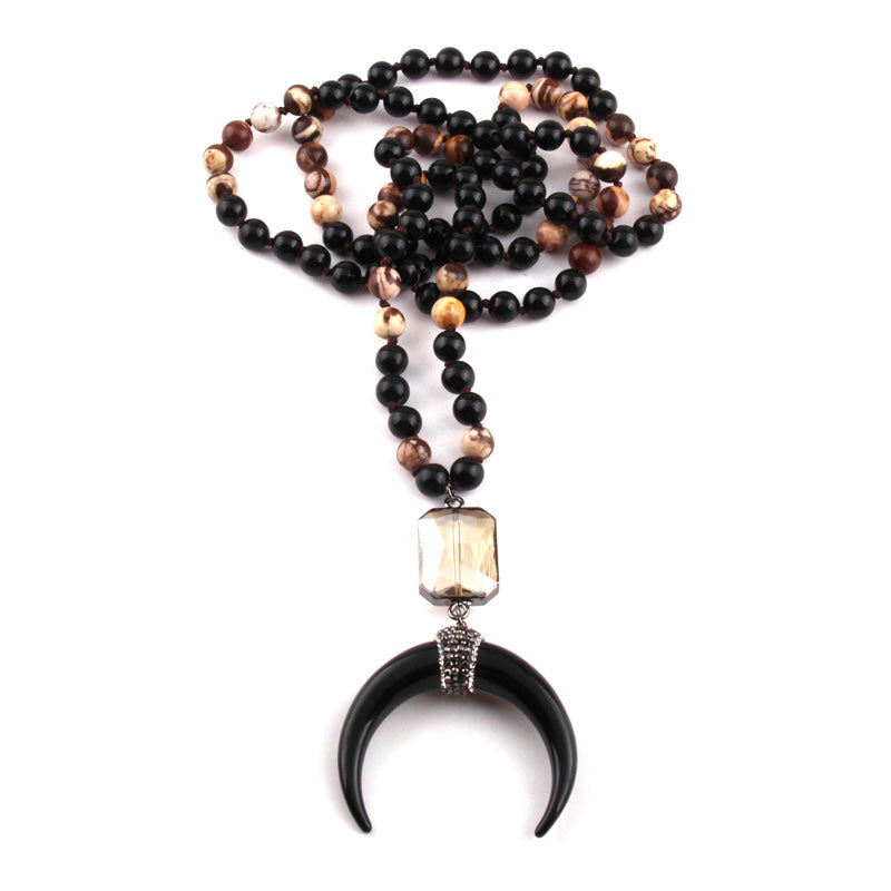 New ! 108 Beads Mala Black Stone Knotted Crystal Link Black crescent Moon Charm Pendant Necklace Women Meditation Yoga Necklace