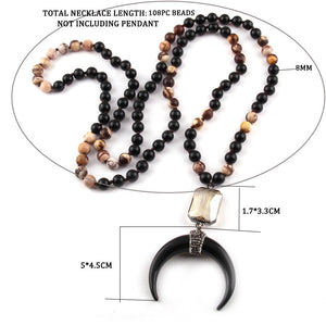 New ! 108 Beads Mala Black Stone Knotted Crystal Link Black crescent Moon Charm Pendant Necklace Women Meditation Yoga Necklace