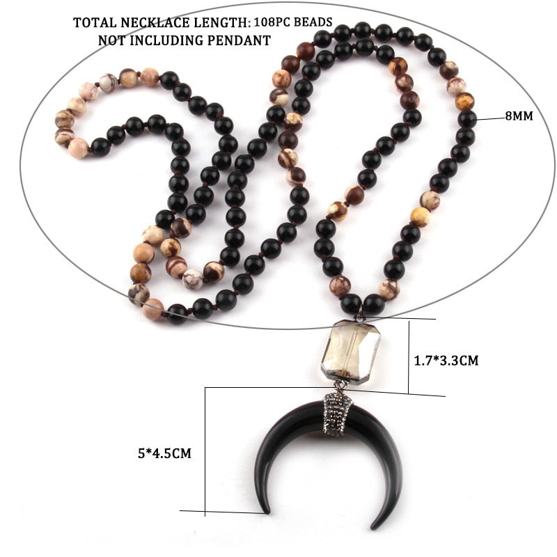 New ! 108 Beads Mala Black Stone Knotted Crystal Link Black crescent Moon Charm Pendant Necklace Women Meditation Yoga Necklace