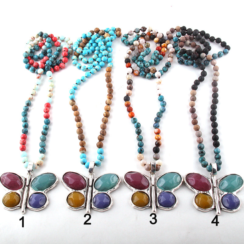 New ! 108 Beads Mala Multi Stone Knotted Butterfly Charm Pendant Necklace Women Meditation Yoga Necklace