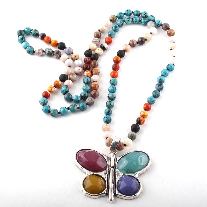 New ! 108 Beads Mala Multi Stone Knotted Butterfly Charm Pendant Necklace Women Meditation Yoga Necklace