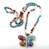 New ! 108 Beads Mala Multi Stone Knotted Butterfly Charm Pendant Necklace Women Meditation Yoga Necklace