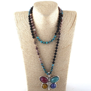 New ! 108 Beads Mala Multi Stone Knotted Butterfly Charm Pendant Necklace Women Meditation Yoga Necklace