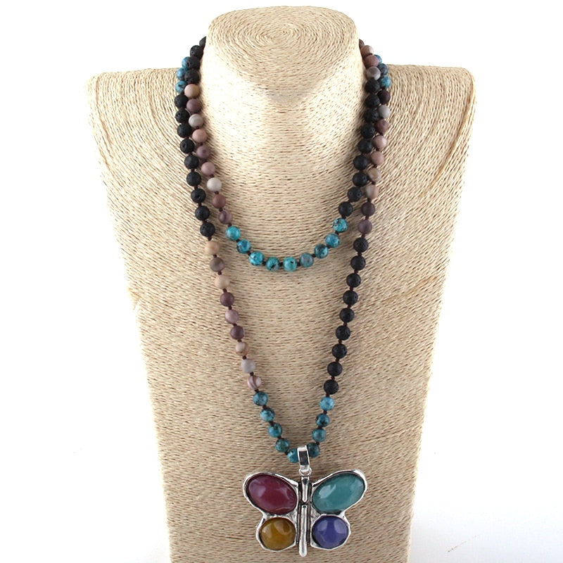 New ! 108 Beads Mala Multi Stone Knotted Butterfly Charm Pendant Necklace Women Meditation Yoga Necklace