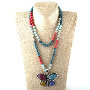 New ! 108 Beads Mala Multi Stone Knotted Butterfly Charm Pendant Necklace Women Meditation Yoga Necklace