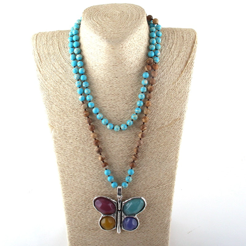 New ! 108 Beads Mala Multi Stone Knotted Butterfly Charm Pendant Necklace Women Meditation Yoga Necklace