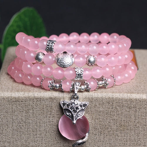 New Pink 6mm Crystal Stone 108 Buddhist Prayer Beads Bracelet Silver Plated Fox head Pendant For Women Jewelry Bangles