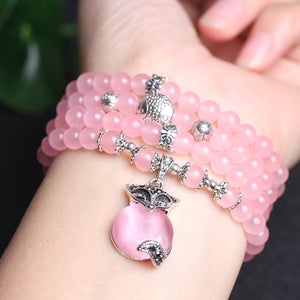 New Pink 6mm Crystal Stone 108 Buddhist Prayer Beads Bracelet Silver Plated Fox head Pendant For Women Jewelry Bangles