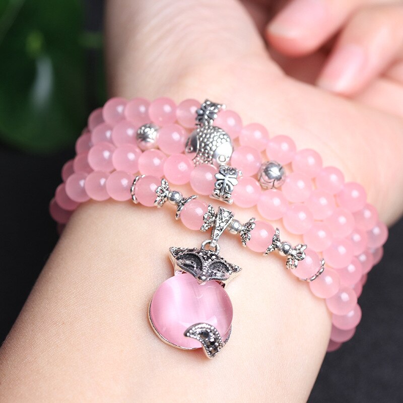 New Pink 6mm Crystal Stone 108 Buddhist Prayer Beads Bracelet Silver Plated Fox head Pendant For Women Jewelry Bangles