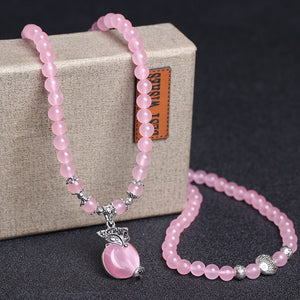 New Pink 6mm Crystal Stone 108 Buddhist Prayer Beads Bracelet Silver Plated Fox head Pendant For Women Jewelry Bangles