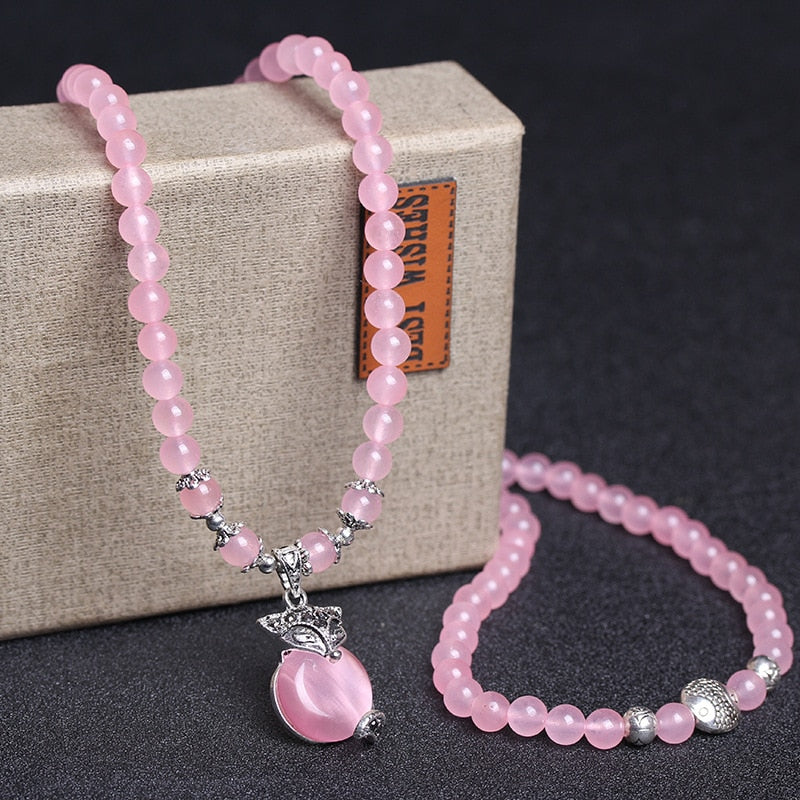 New Pink 6mm Crystal Stone 108 Buddhist Prayer Beads Bracelet Silver Plated Fox head Pendant For Women Jewelry Bangles