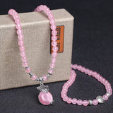 New Pink 6mm Crystal Stone 108 Buddhist Prayer Beads Bracelet Silver Plated Fox head Pendant For Women Jewelry Bangles