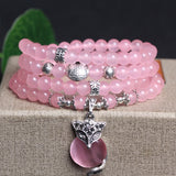 New Pink 6mm Crystal Stone 108 Buddhist Prayer Beads Bracelet Silver Plated Fox head Pendant For Women Jewelry Bangles