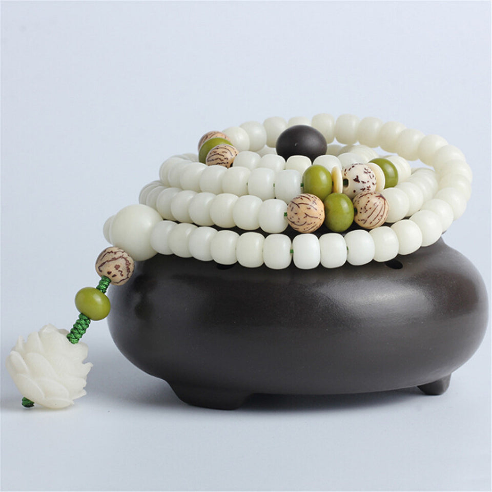 Original Design Natural White Bodhi Root Beads Bracelet 108 Lotus Mala for Women Yoga Meditation Balancing Jewelry Gift for Her