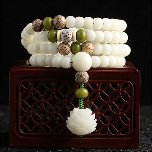 Original Design Natural White Bodhi Root Beads Bracelet 108 Lotus Mala for Women Yoga Meditation Balancing Jewelry Gift for Her
