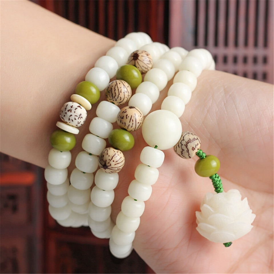 Original Design Natural White Bodhi Root Beads Bracelet 108 Lotus Mala for Women Yoga Meditation Balancing Jewelry Gift for Her