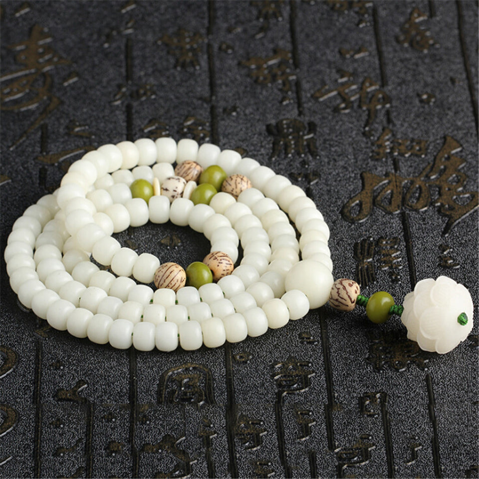 Original Design Natural White Bodhi Root Beads Bracelet 108 Lotus Mala for Women Yoga Meditation Balancing Jewelry Gift for Her