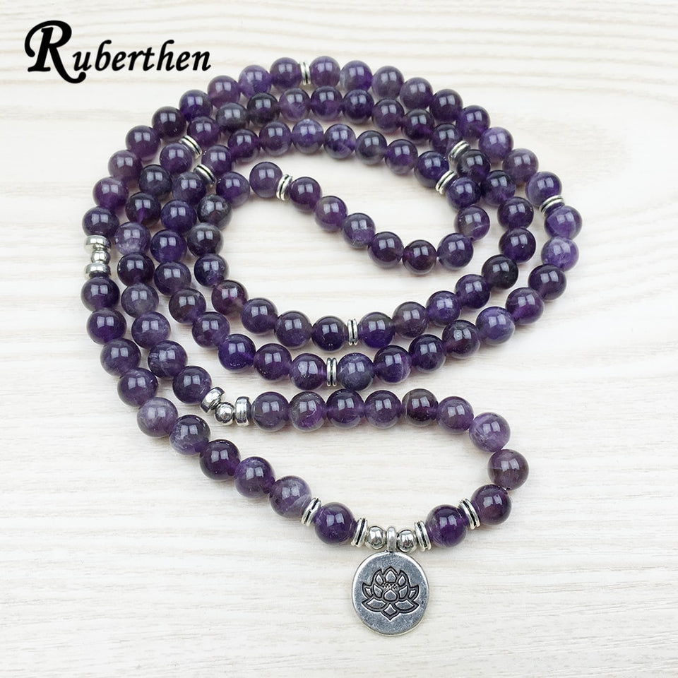 Ruberthen 2018 Luxurious Design Purple Natural Stone 108 Mala Lotus Bracelet or Necklace Reiki Charged Buddhist Rosary Bracelet