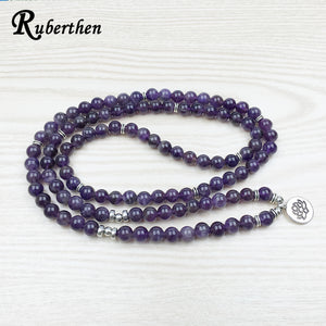 Ruberthen 2018 Luxurious Design Purple Natural Stone 108 Mala Lotus Bracelet or Necklace Reiki Charged Buddhist Rosary Bracelet