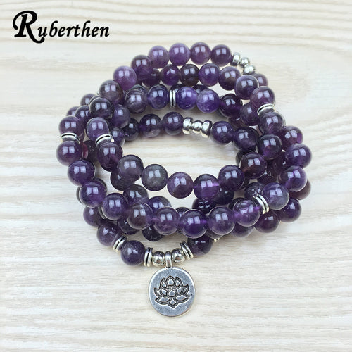 Ruberthen 2018 Luxurious Design Purple Natural Stone 108 Mala Lotus Bracelet or Necklace Reiki Charged Buddhist Rosary Bracelet