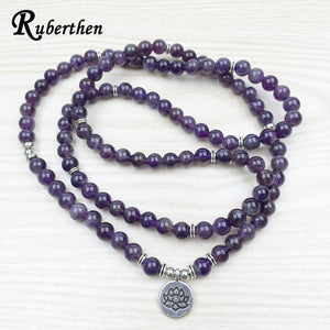 Ruberthen 2018 Luxurious Design Purple Natural Stone 108 Mala Lotus Bracelet or Necklace Reiki Charged Buddhist Rosary Bracelet