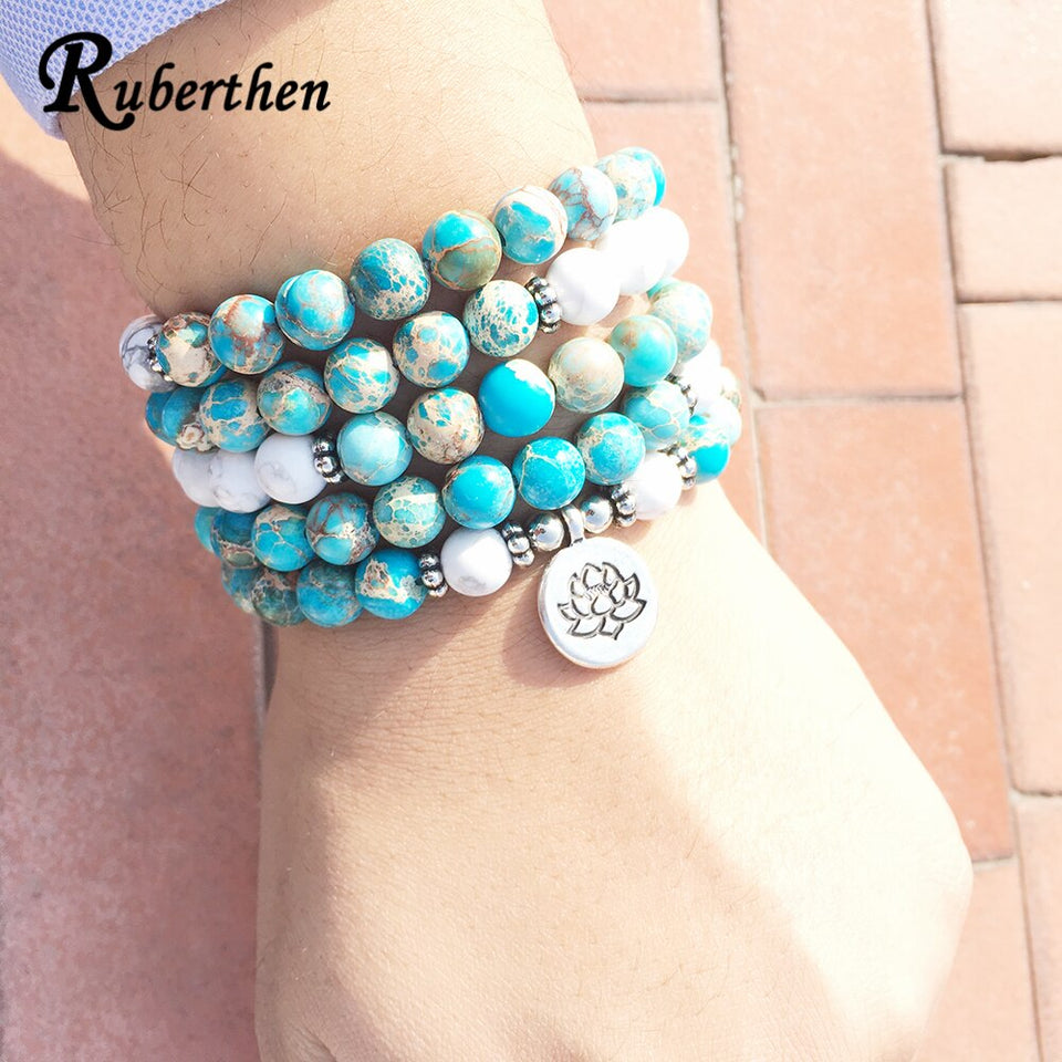 Ruberthen Fashion Design Howlite Natural Stone Mala Bracelet 108 Beads Mala Wrap Bracelet or High Quality Lotus Bracelet