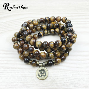 Ruberthen Fashion Tiger Eye 108 Mala Bracelet Om Buddhist Bracelet or Necklace High Quality Yogi 4 Wrap Natural Stone Bracelet