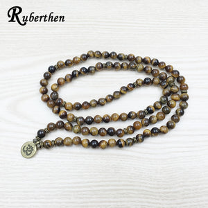 Ruberthen Fashion Tiger Eye 108 Mala Bracelet Om Buddhist Bracelet or Necklace High Quality Yogi 4 Wrap Natural Stone Bracelet