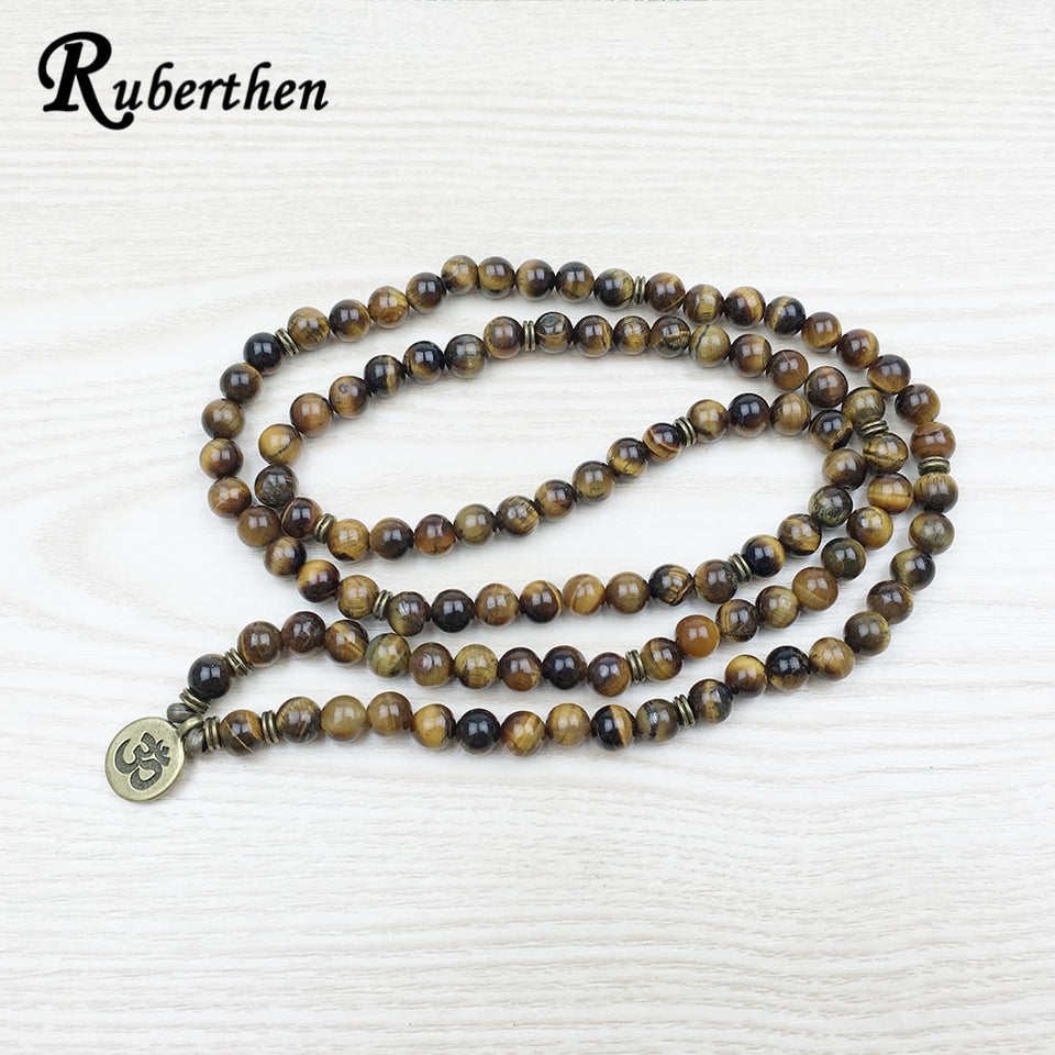 Ruberthen Fashion Tiger Eye 108 Mala Bracelet Om Buddhist Bracelet or Necklace High Quality Yogi 4 Wrap Natural Stone Bracelet