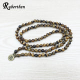 Ruberthen Fashion Tiger Eye 108 Mala Bracelet Om Buddhist Bracelet or Necklace High Quality Yogi 4 Wrap Natural Stone Bracelet