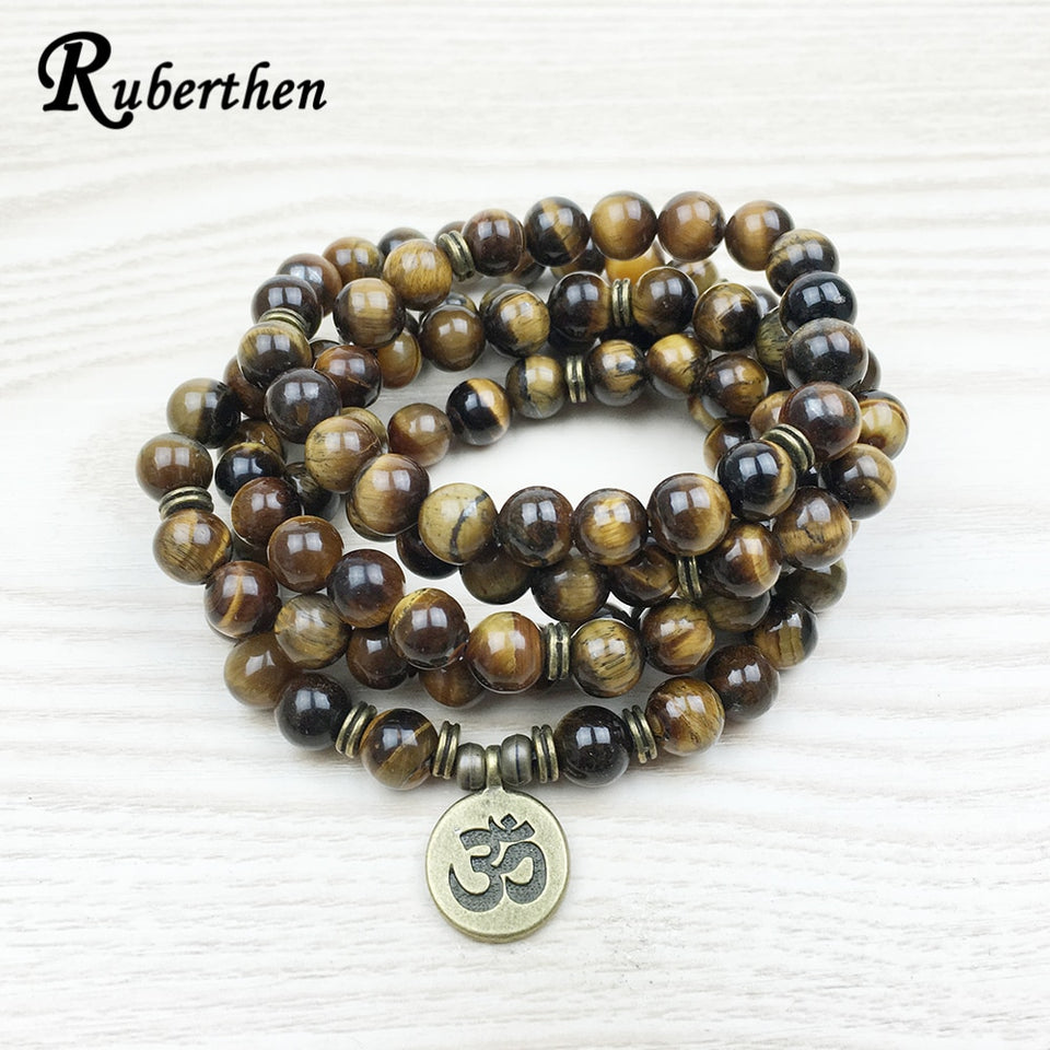 Ruberthen Fashion Tiger Eye 108 Mala Bracelet Om Buddhist Bracelet or Necklace High Quality Yogi 4 Wrap Natural Stone Bracelet