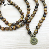 Ruberthen Fashion Tiger Eye 108 Mala Bracelet Om Buddhist Bracelet or Necklace High Quality Yogi 4 Wrap Natural Stone Bracelet