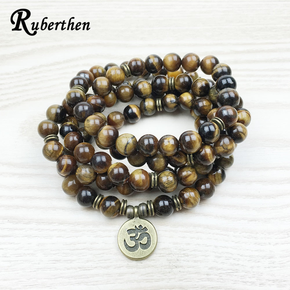 Ruberthen Fashion Tiger Eye 108 Mala Bracelet Om Buddhist Bracelet or Necklace High Quality Yogi 4 Wrap Natural Stone Bracelet