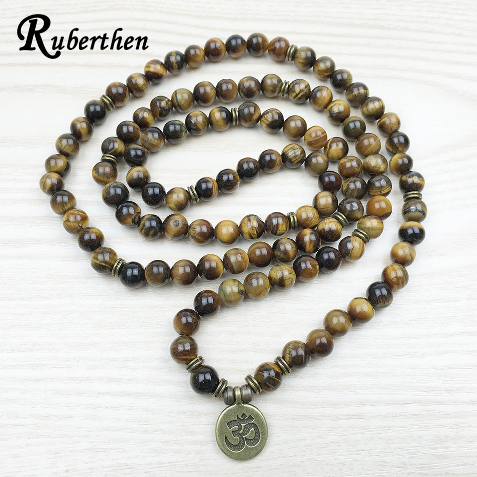 Ruberthen Fashion Tiger Eye 108 Mala Bracelet Om Buddhist Bracelet or Necklace High Quality Yogi 4 Wrap Natural Stone Bracelet