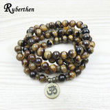Ruberthen Fashion Tiger Eye 108 Mala Bracelet Om Buddhist Bracelet or Necklace High Quality Yogi 4 Wrap Natural Stone Bracelet