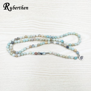 Ruberthen Fashion Women`s Matte Amazonite 108 Mala Beads Bracelet or Necklace High Quality Lotus Charm New Design Yogi Bracelet
