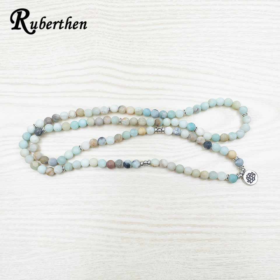 Ruberthen Fashion Women`s Matte Amazonite 108 Mala Beads Bracelet or Necklace High Quality Lotus Charm New Design Yogi Bracelet