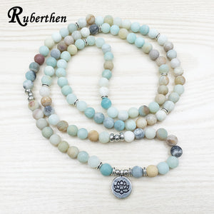 Ruberthen Fashion Women`s Matte Amazonite 108 Mala Beads Bracelet or Necklace High Quality Lotus Charm New Design Yogi Bracelet