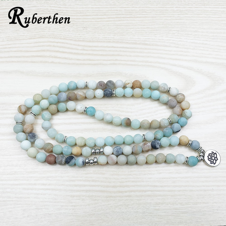 Ruberthen Fashion Women`s Matte Amazonite 108 Mala Beads Bracelet or Necklace High Quality Lotus Charm New Design Yogi Bracelet